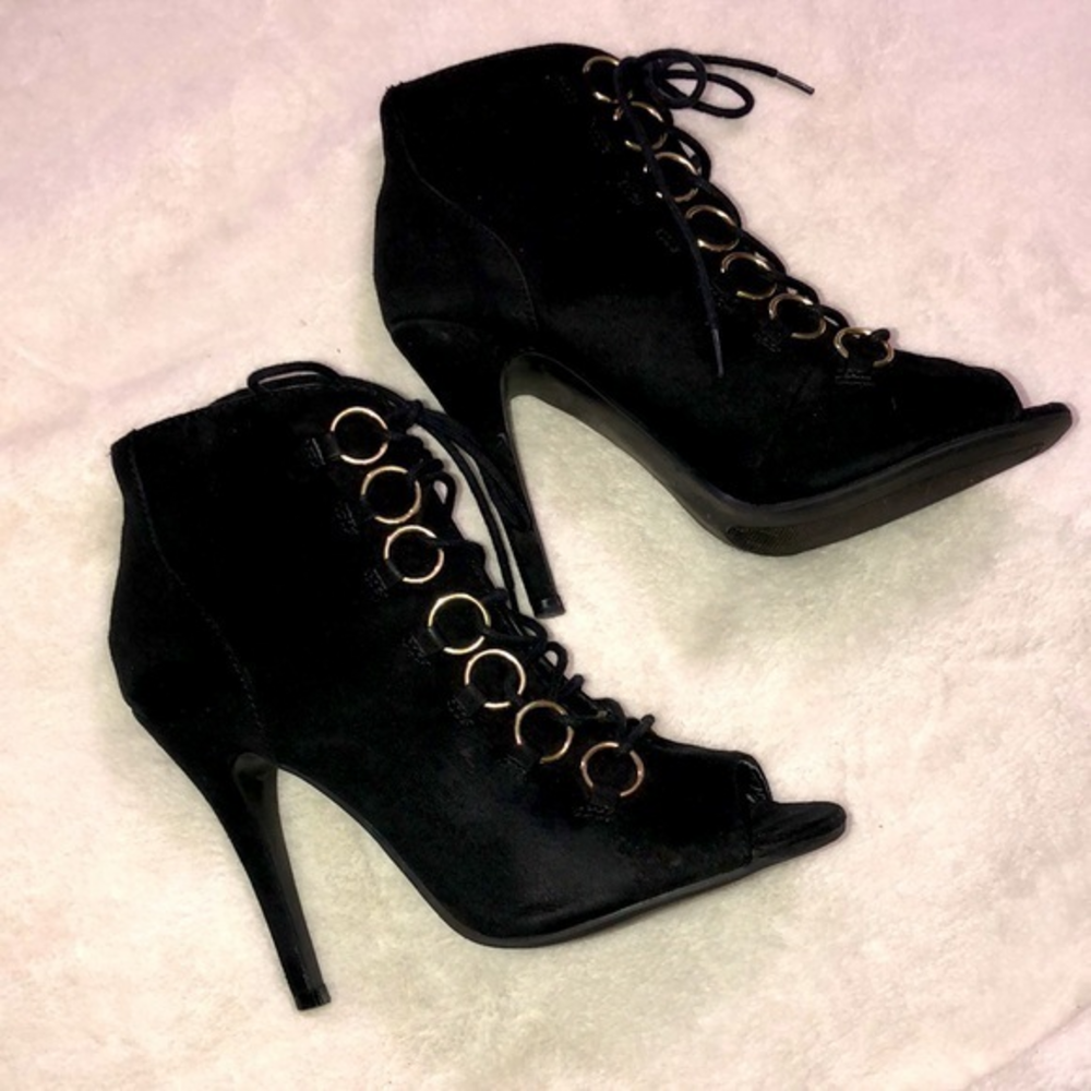 Just Fab‎ “Nicia” Black Suede Peep Toe Lace Up Booties